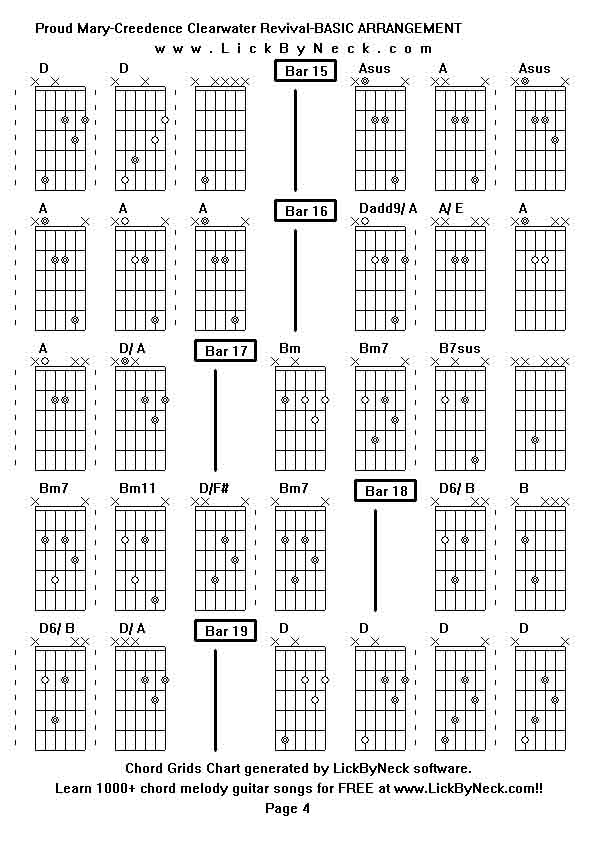 Chord Grids Chart of chord melody fingerstyle guitar song-Proud Mary-Creedence Clearwater Revival-BASIC ARRANGEMENT,generated by LickByNeck software.